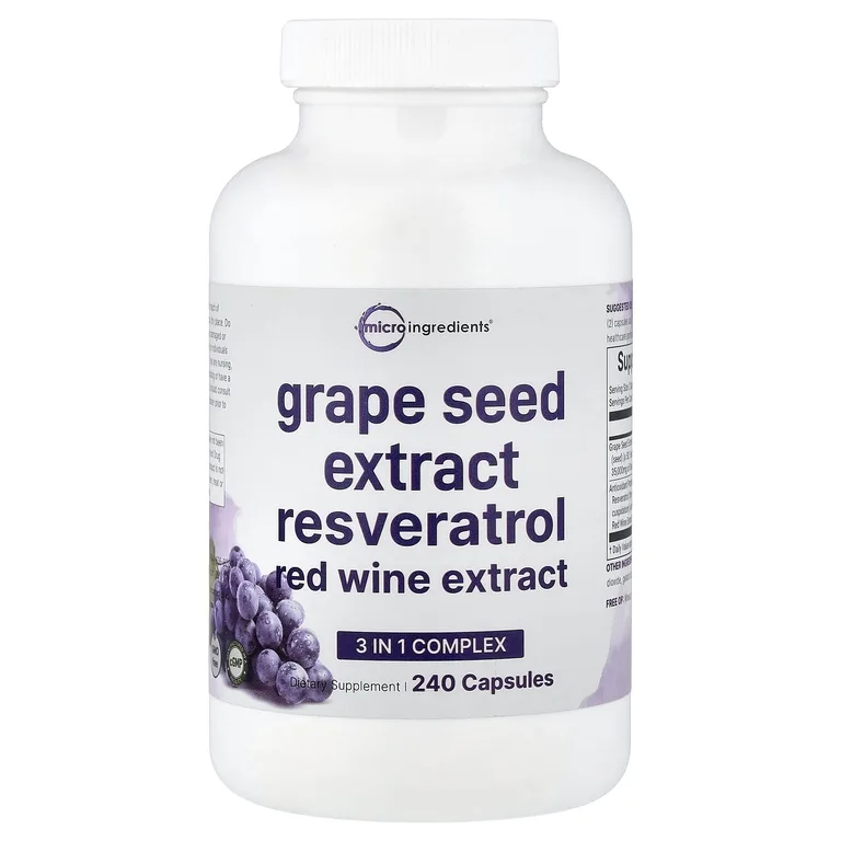 Micro Ingredients, экстракт виноградных косточек, ресвератрол и экстракт красного вина, 240 капсул