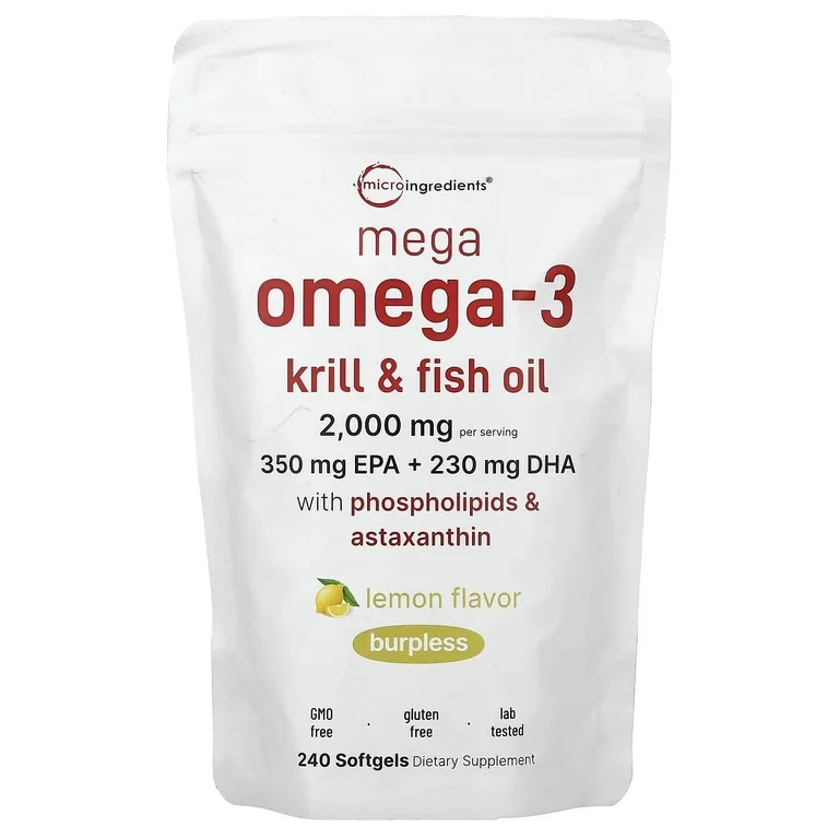 Micro Ingredients, Mega Omega-3, криль и рыбий жир с фосфолипидами и астаксантином, лимон, 240 капсул
