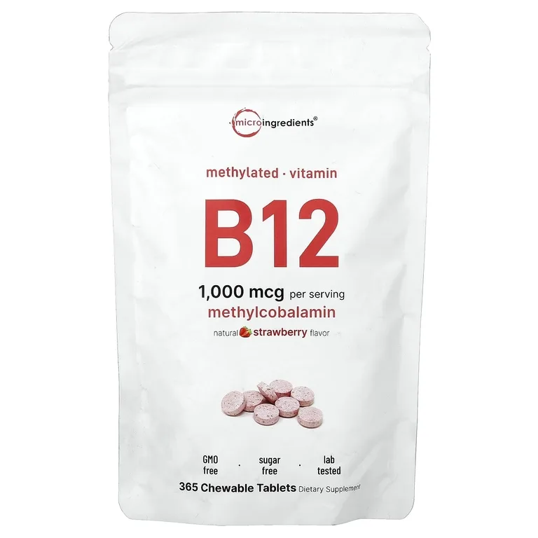 Micro Ingredients, витамин B12, натуральный клубничный вкус, 1000 мкг, 365 жевательных таблеток