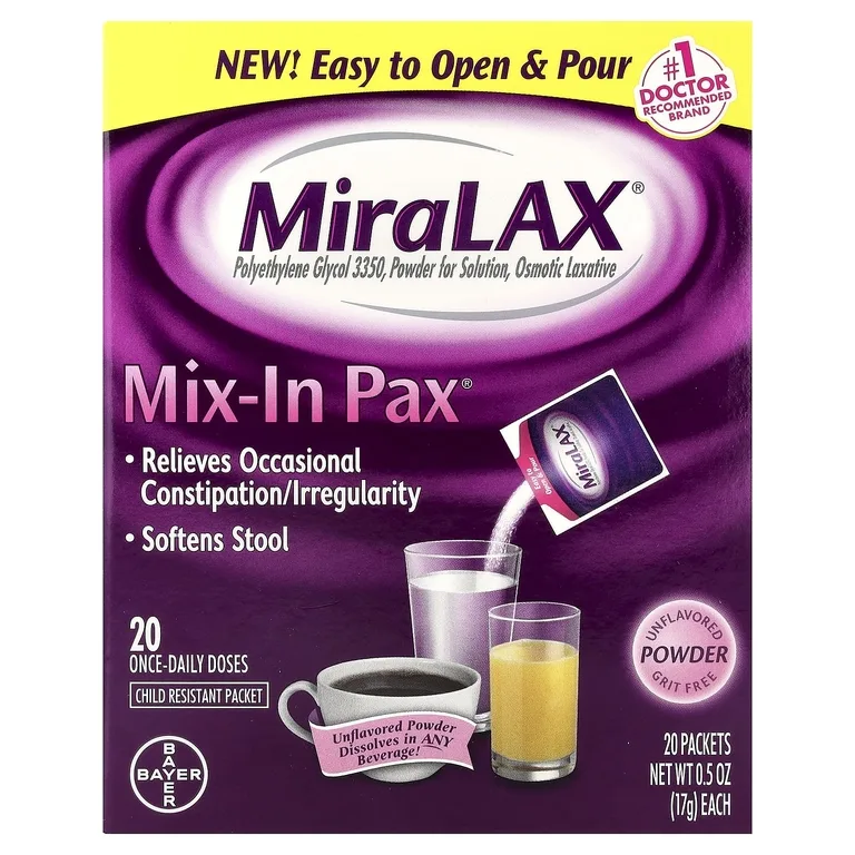 MiraLAX, Mix-In Pax®, без зерен, без добавок, 20 пакетиков по 17 г (0,5 унции)