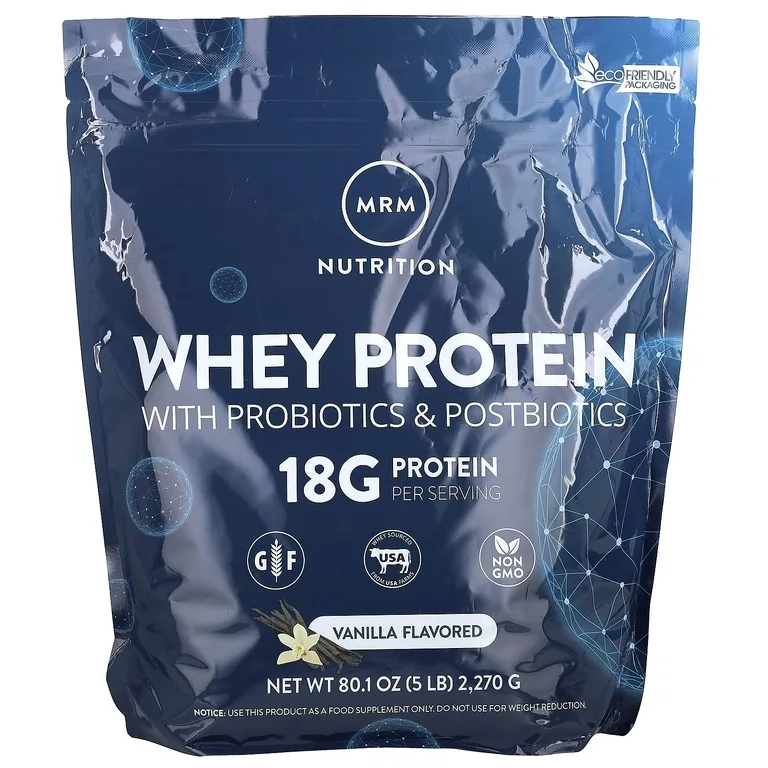 MRM Nutrition, сывороточный протеин с пробиотиками и постбиотиками, ваниль, 2270 г (5 фунтов)