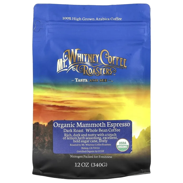 Mt. Whitney Coffee Roasters, органический кофе в зернах, вкус крепкого эспрессо, 340 г (12 унций)