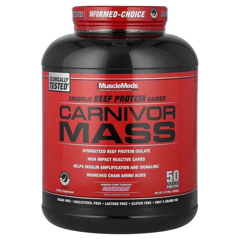 MuscleMeds, гейнер с говяжьим протеином, клубничный вкус, 2628 г (5,79 фунта)