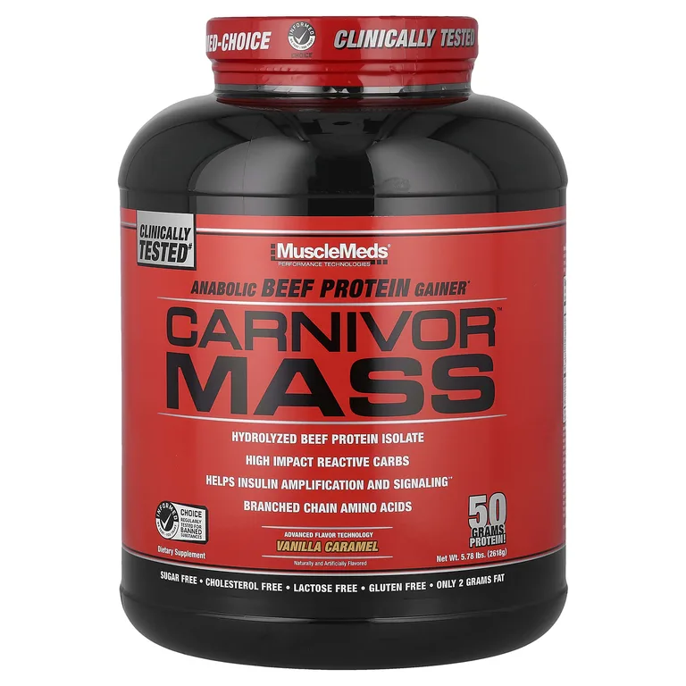 MuscleMeds, гейнер с говяжьим протеином, ваниль и карамель, 2618 г (5,78 фунта)
