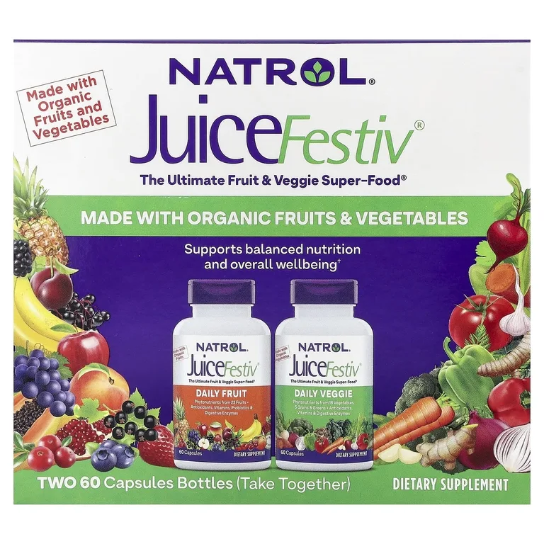 Natrol, органические фрукты и овощи, 2 флакона, по 60 капсул