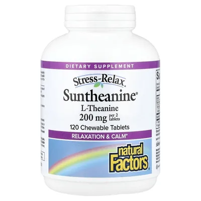 Natural Factors, Stress-Relax®, Suntheanine® L-теанин, фруктовый вкус, 120 жевательных таблеток (100 мг в таблетке)