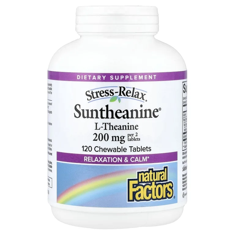 Natural Factors, Stress-Relax®, Suntheanine® L-теанин, фруктовый вкус, 120 жевательных таблеток (100 мг в таблетке)