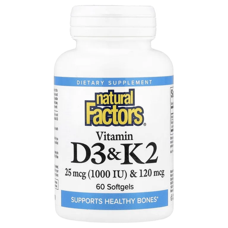 Natural Factors, витамины D3 и K2, 25 мкг (1000 МЕ) и 120 мкг, 60 капсул