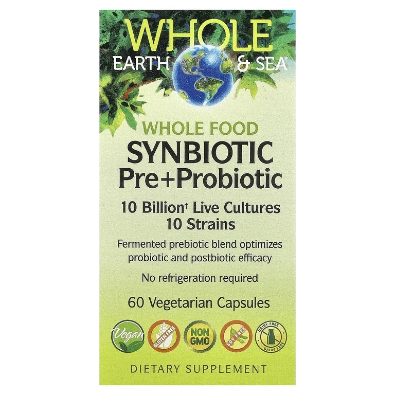 Natural Factors, Whole Earth & Sea®, синбиотическая добавка с цельнопищевыми пребиотиками и пробиотиками, 60 вегетарианских капсул