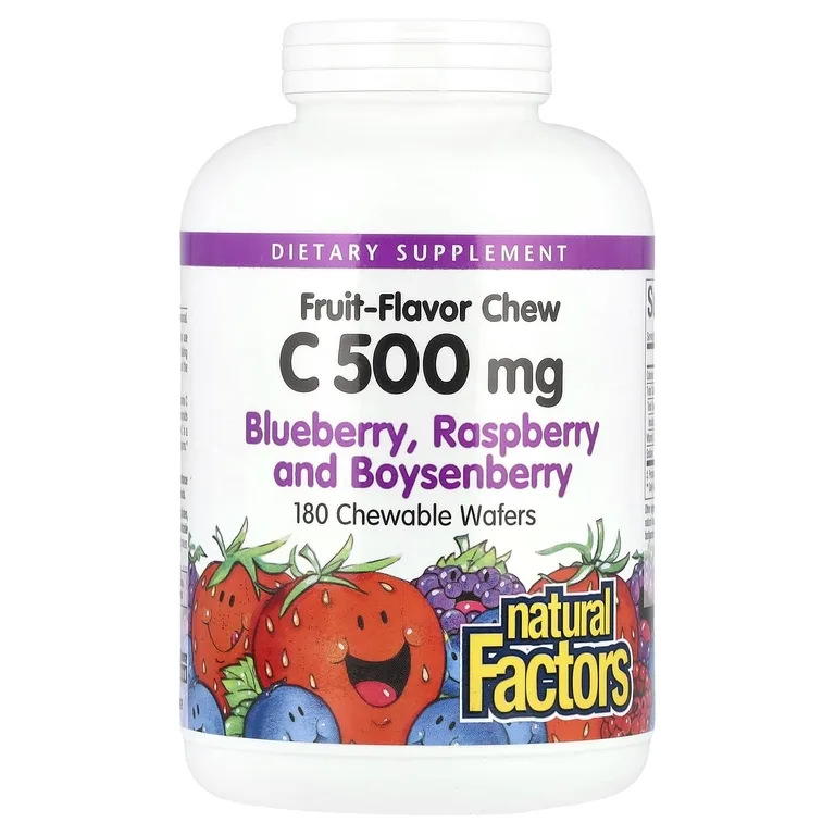 Natural Factors, жевательные таблетки с витамином C, со вкусом фруктов, голубика, малина и бойзенова ягода, 500 мг, 180 жевательных таблеток