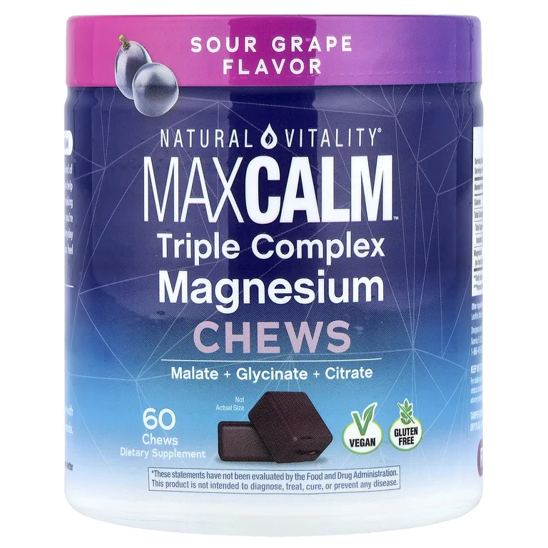 Natural Vitality, MaxCalm®, жевательные таблетки с магнием тройного действия, со вкусом кислого винограда, 60 жевательных таблеток (150 мг в 1 шт.)