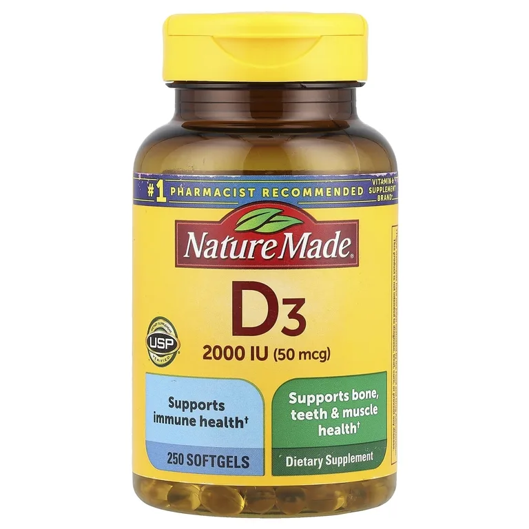 Nature Made, витамин D3, 2000 МЕ (50 мкг), 250 мягких таблеток
