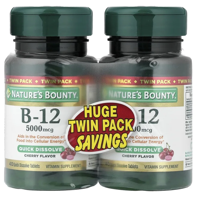Nature's Bounty, Витамин B12, натуральный вишневый вкус, 5000 мкг, 40 быстрорастворимых таблеток