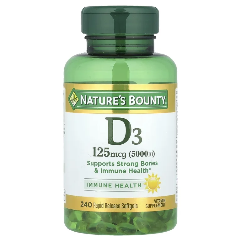 Nature's Bounty, витамин D3, 125 мкг (5000 МЕ), 240 мягких таблеток с быстрым высвобождением