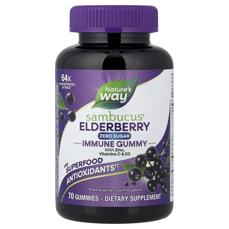 Nature's Way, Sambucus®, бузина для укрепления иммунитета, с цинком, витаминами C и D3, 70 жевательных таблеток