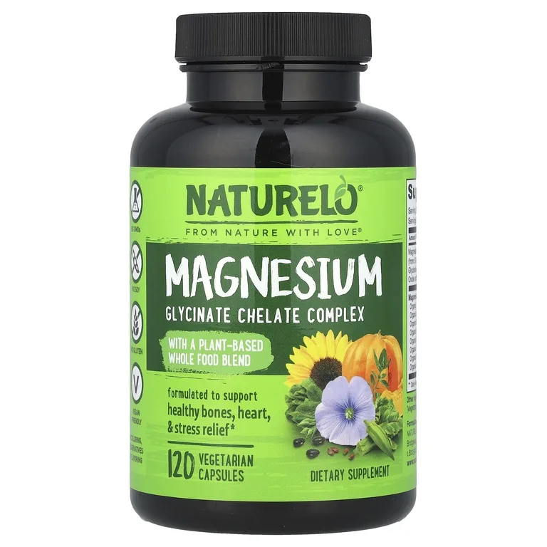 NATURELO, хелат глицината магния, 200 мг, 120 вегетарианских капсул