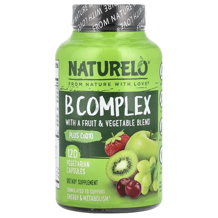 NATURELO, комплекс витаминов группы B со смесью фруктов и овощей, с коэнзимом Q10, 120 вегетарианских капсул