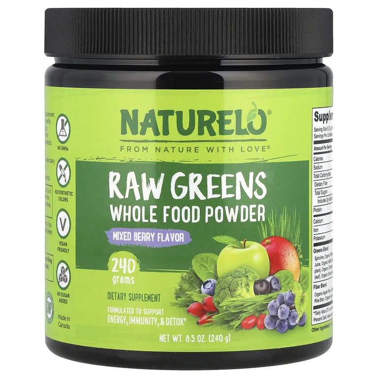 NATURELO, порошок из цельной необработанной зелени, с ягодным вкусом, 240 г (8,5 унции)
