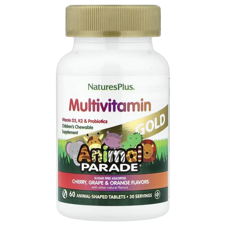 NaturesPlus, Animal Parade® Gold, жевательные мультивитамины для детей, со вкусом вишни, винограда и апельсина, 60 таблеток в форме животных