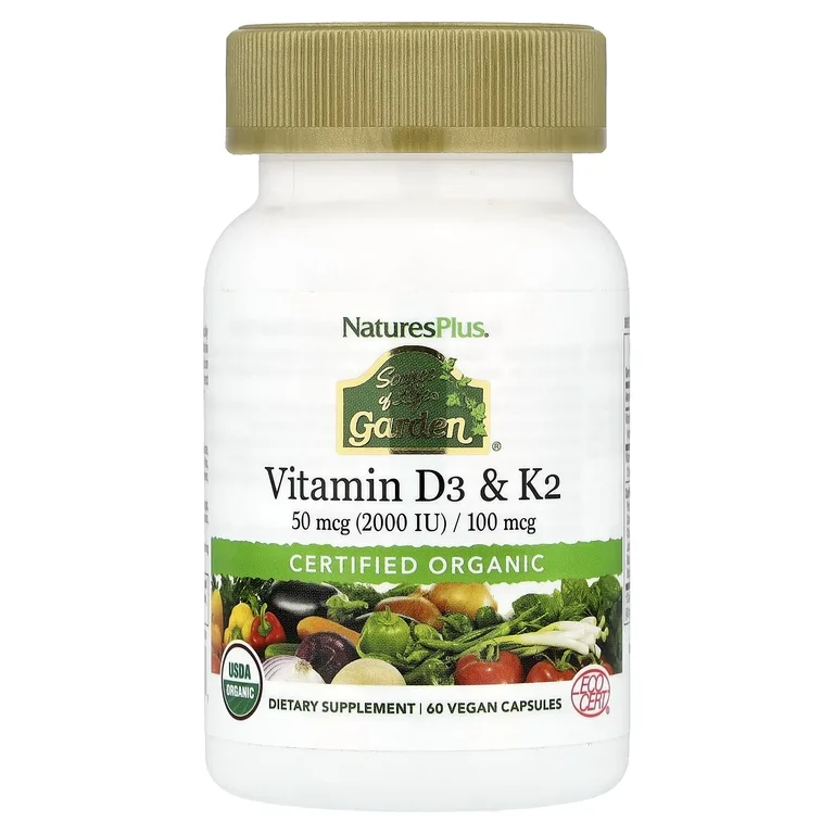 NaturesPlus, Source of Life® Garden, органические витамины D3 и K2, 60 веганских капсул