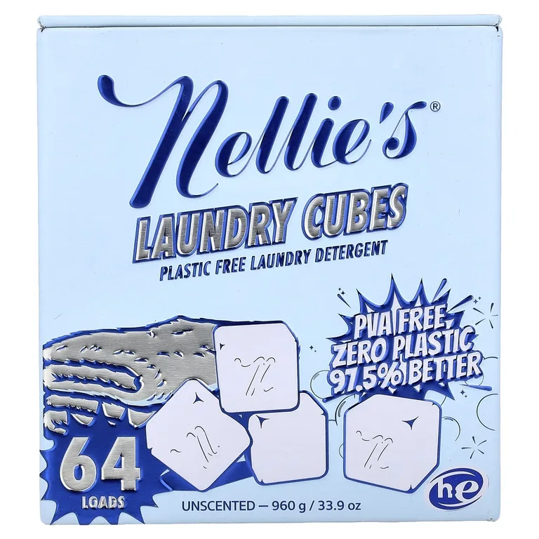 Nellie's, Cubes для стирки, средство для стирки без пластика, без отдушки, 64 загрузок, 960 г (33,9 унции)