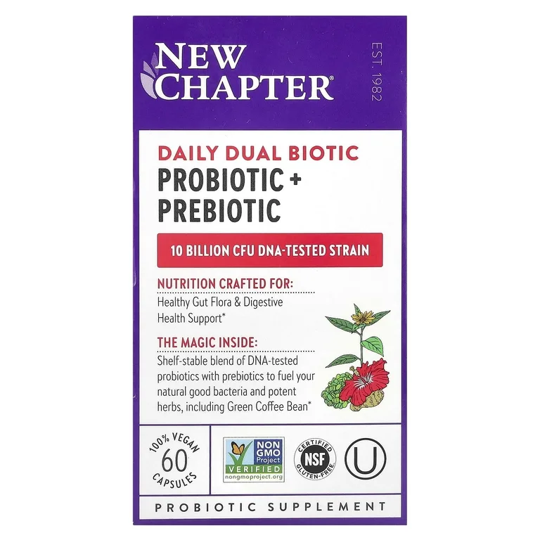 New Chapter, Daily Dual Biotic, пробиотик и пребиотик, 60 веганских капсул
