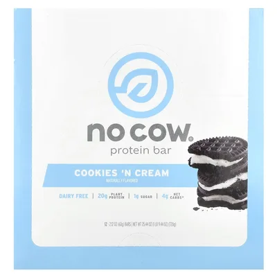 No Cow, протеиновый батончик, со вкусом печенья с кремом, 12 батончиков, 60 г (2,12 унции)