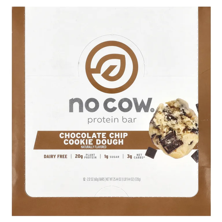 No Cow, Протеиновый батончик, тесто с шоколадной крошкой, 12 батончиков, 60 г (2,12 унции)