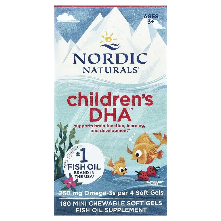 Nordic Naturals, омега-3 и ДГК для детей, со вкусом клубники, для детей 3–6 лет, 250 мг, 180 мини-капсул