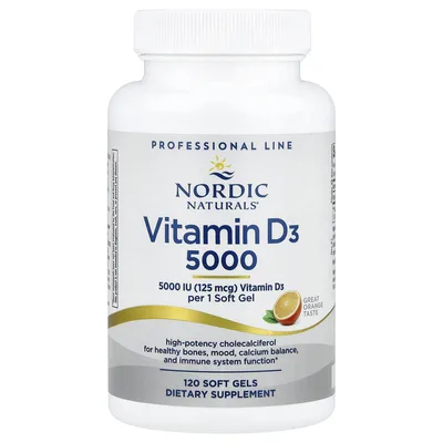 Nordic Naturals, витамин D3 5000, апельсиновый вкус, 125 мкг (5000 МЕ), 120 капсул (Товар снят с продажи)