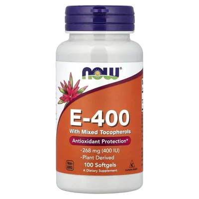 NOW Foods, E-400 со смешанными токоферолами, 268 мг (400 МЕ), 100 мягких таблеток