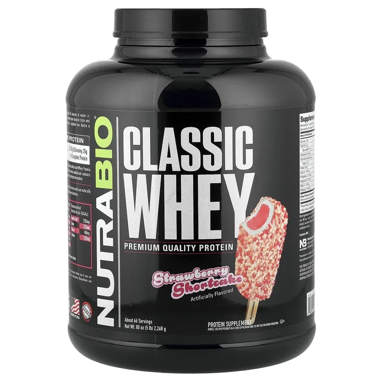 NutraBio, Classic Whey Protein, клубничное песочное печенье, 2268 г (5 фунтов)