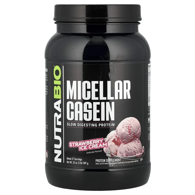 NutraBio, Мицеллярный казеин, клубничное мороженое, 907 г (2 фунта)