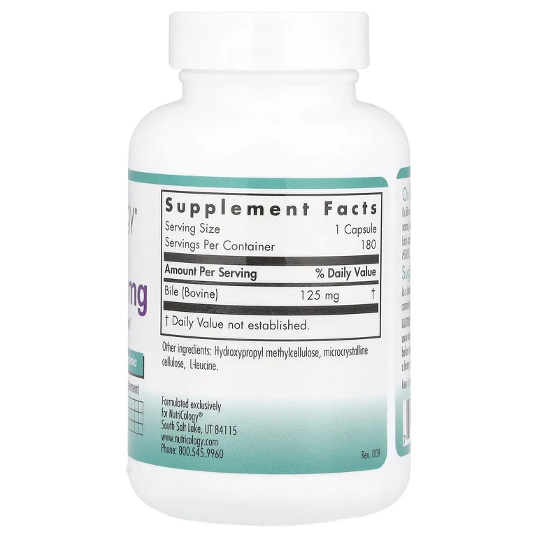 Nutricology, бычья желчь, 125 мг, 180 растительных капсул