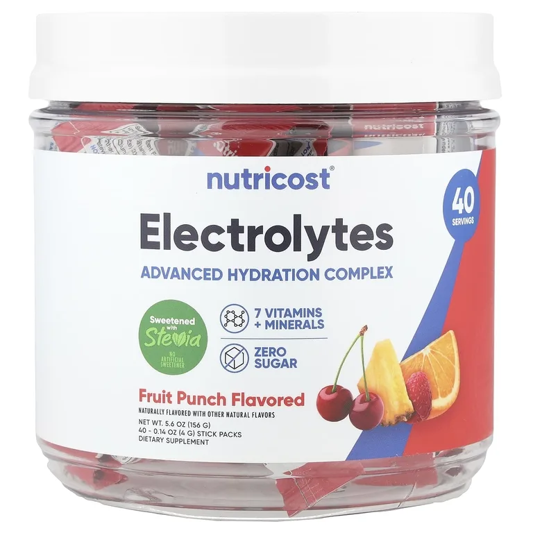 Nutricost, Электролиты, улучшенный комплекс для увлажнения, фруктовый пунш, 40 пакетиков по 4 г (0,14 унции)