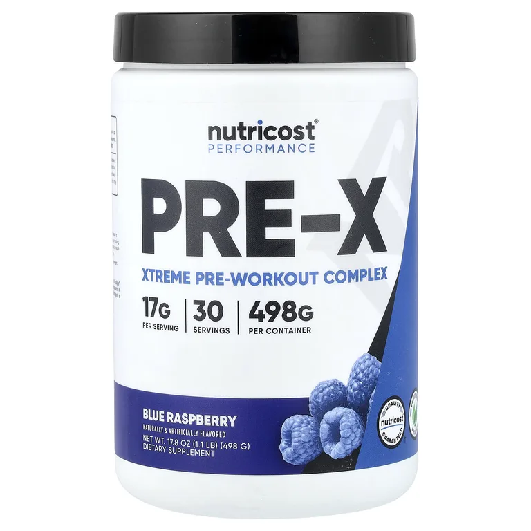 Nutricost, Performance, PRE-X, предтренировочный комплекс Xtreme, голубая малина, 498 г (1,1 фунта)