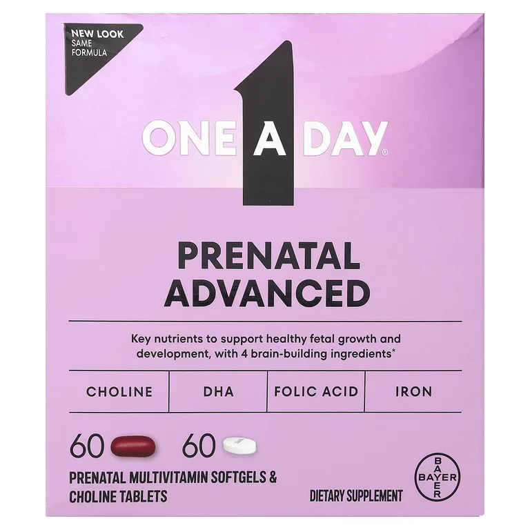 One-A-Day, Prenatal Advanced, полноценный мультивитаминный комплекс для поддержки мозга, 60 пренатальных мультивитаминных мягких таблеток и 60 пренатальных таблеток с холином