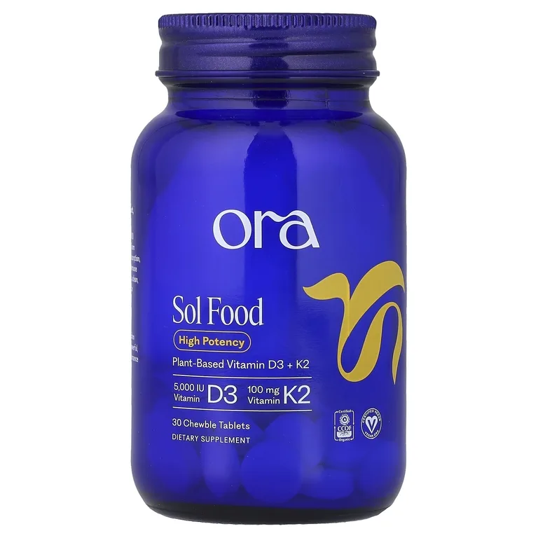 Ora, Sol Food, растительные витамины D3 и K2, 30 жевательных таблеток