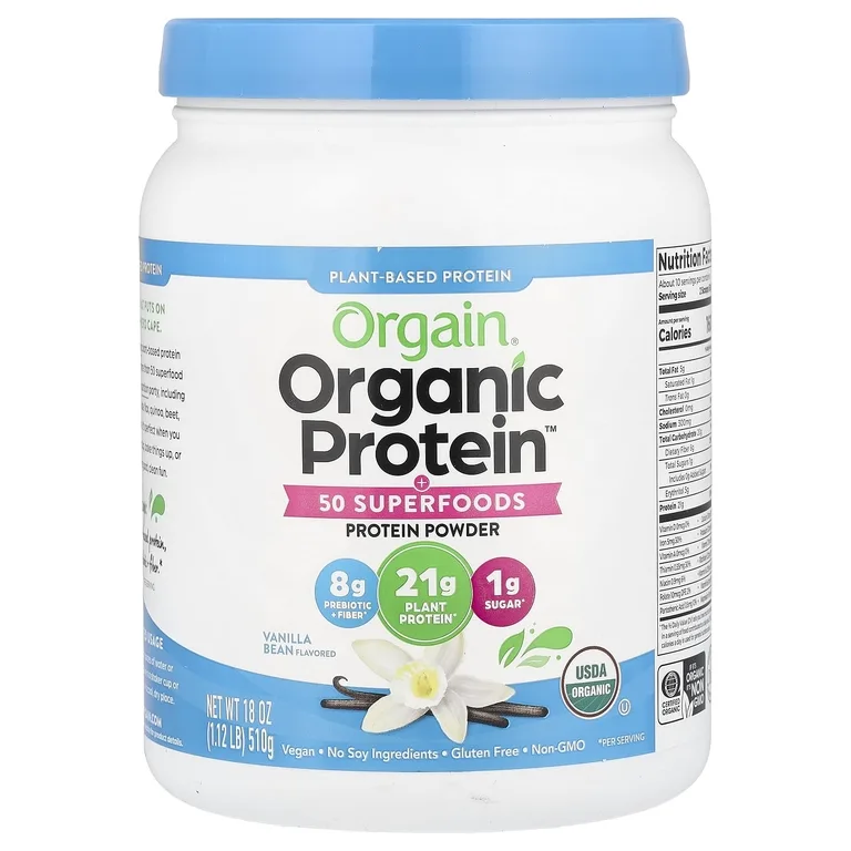 Orgain, Порошок Organic Protein ™ + 50 суперфудов, растительная ваниль, 510 г (1,12 фунта)