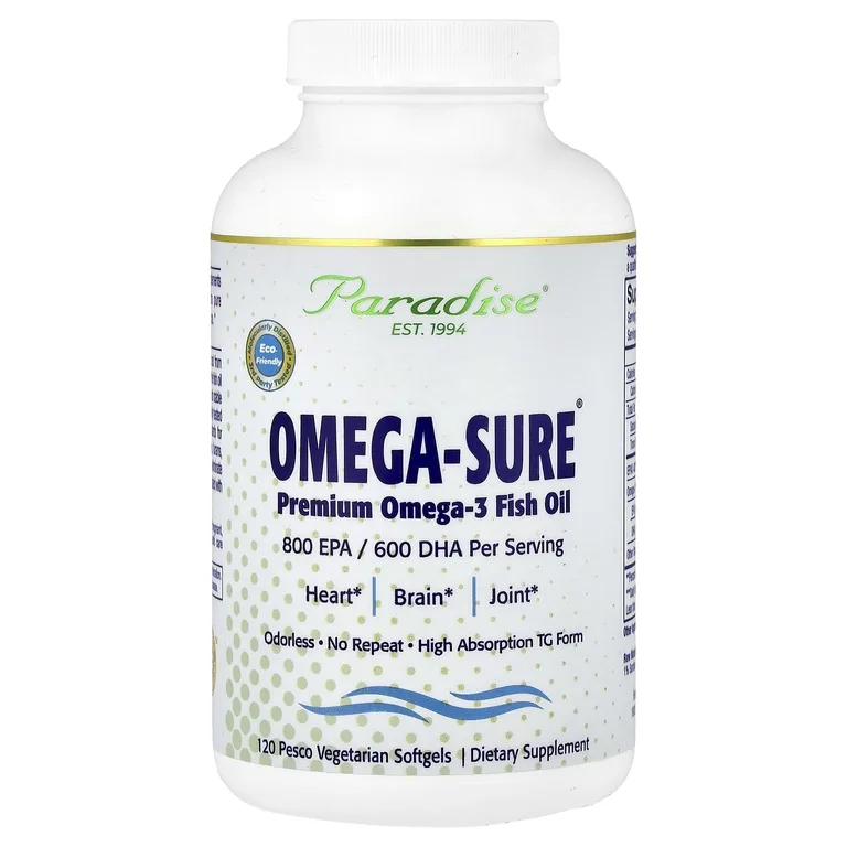 Paradise Herbs, Omega-Sure®, рыбий жир премиального качества с омега-3, 120 вегетарианских капсул Pesco