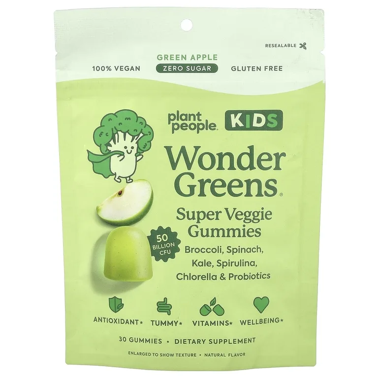 Plant People, Kids WonderGreens®, супервегетарианские жевательные таблетки, со вкусом зеленого яблока, 30 жевательных таблеток