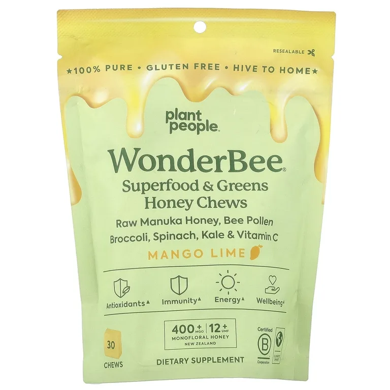 Plant People, WonderBee®, суперфуды, зелень, мед, манго и лайм, 30 жевательных таблеток