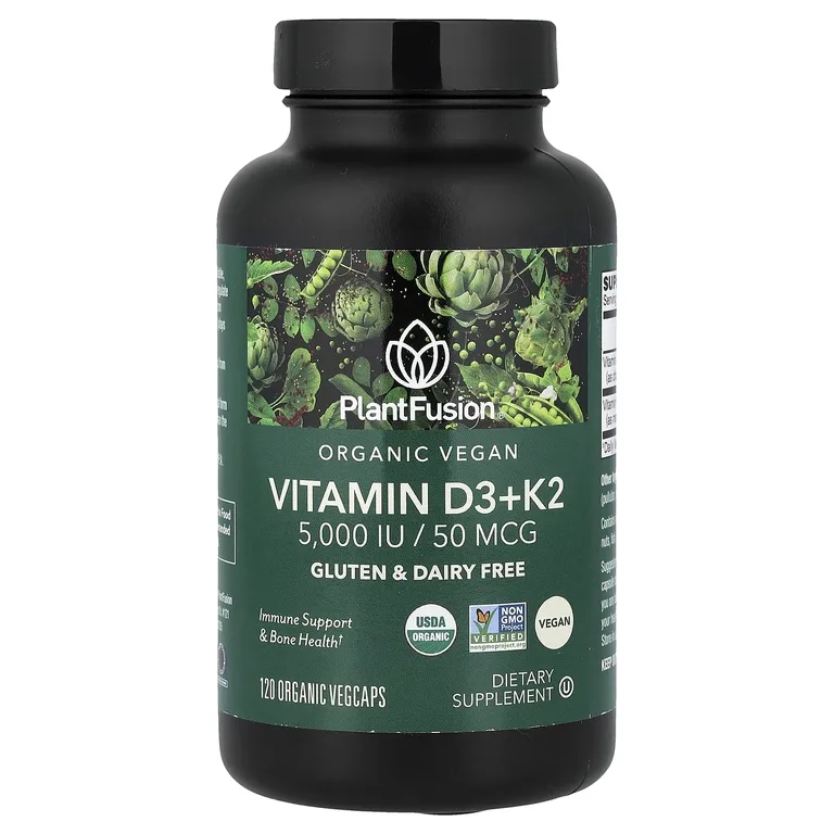 PlantFusion, органические веганские витамины D3 и K2, 120 органических растительных капсул