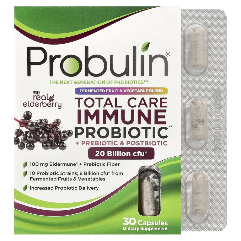 Probulin, Total Care Immune, пробиотики, пребиотики и постбиотики с натуральной бузиной, 20 млрд КОЕ, 30 капсул