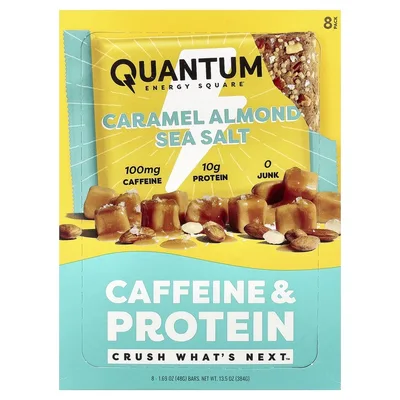 Quantum Energy Square, протеиновый батончик с кофеином, карамель, миндаль и морская соль, 8 батончиков по 48 г (1,69 унции)
