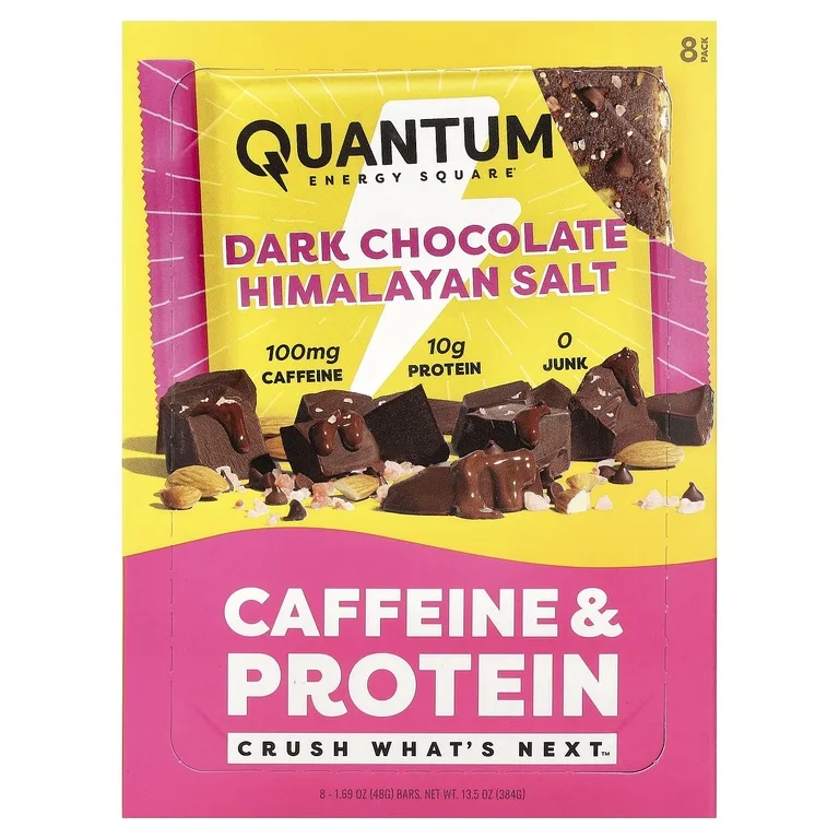 Quantum Energy Square, протеиновый батончик с кофеином, темный шоколад с гималайской солью, 8 батончиков по 48 г (1,69 унции)