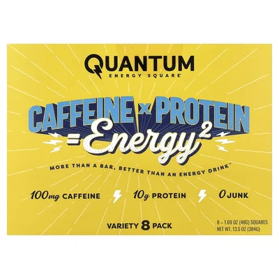 Quantum Energy Square, протеиновый снек с кофеином, ассорти из 8 порционных порций по 48 г (1,69 унции)