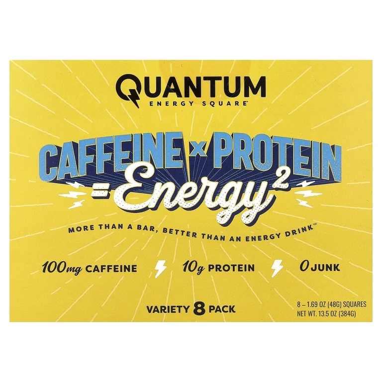 Quantum Energy Square, протеиновый снек с кофеином, ассорти из 8 порционных порций по 48 г (1,69 унции)
