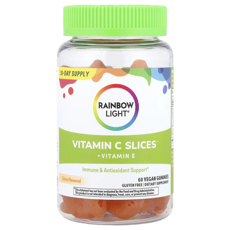 Rainbow Light, витамин C Slices™ и витамин E, со вкусом цитрусовых, 60 веганских жевательных таблеток
