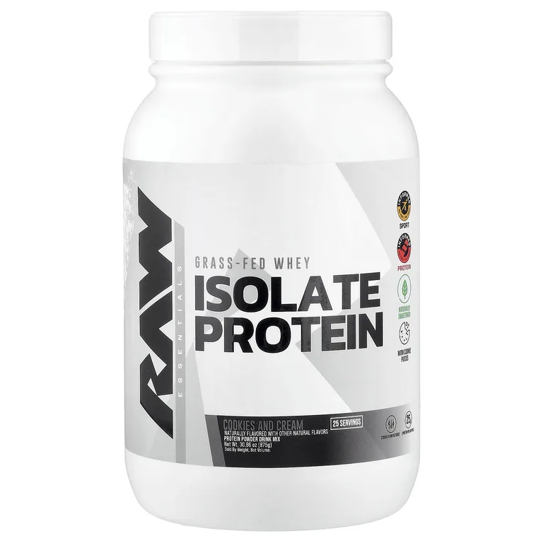 Raw Nutrition, Essentials, изолят сывороточного протеина травяного откормки, печенье и сливки, 30,86 унции (875 г)